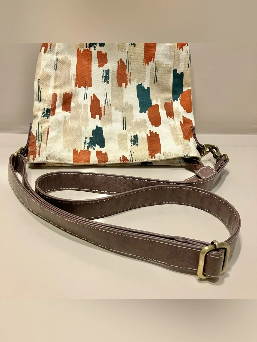 Maika Large Crossbody Purse Boho Bag Abstract Design‎ Vegan Brown Leather Strap